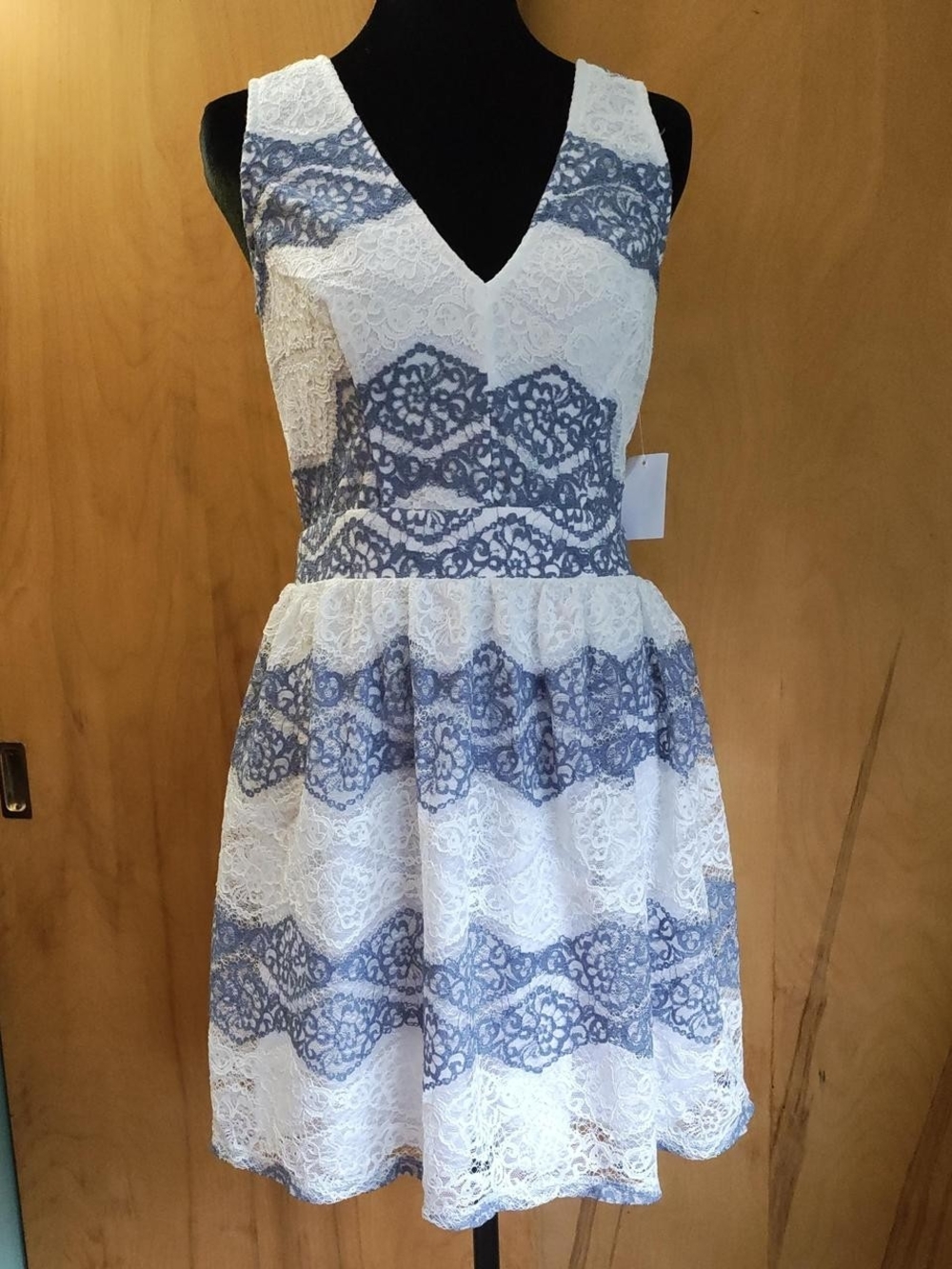 Charlotte Russe White Lace Sleeveless Dress with Blue Lace Bands